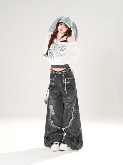 Black/Blue Low Rise Distressed Holes Raw Hem Wide-Leg Cargo Jeans