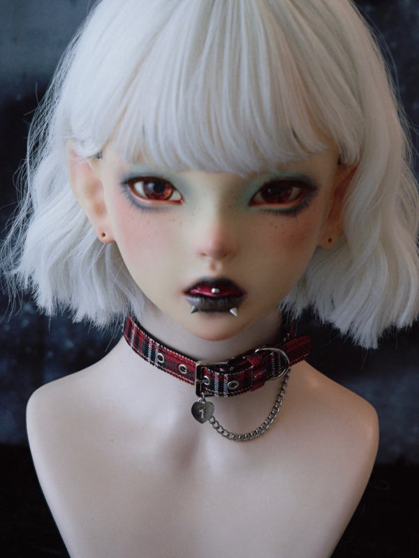 Red&Green Gothic Cross Decorated Heart And Chain Pendant Plaid Choker