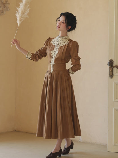 Brown Vintage Banded Collar Long Puff Sleeves Dress
