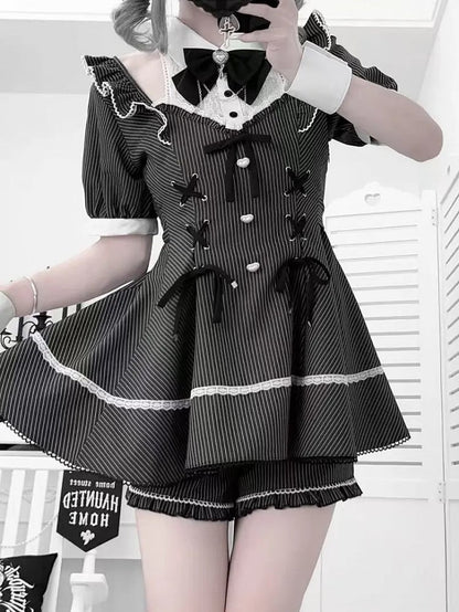 Jirai Kei Black Striped Set : Lace Patches Neckline Lace-up Waist Top + Shorts + Bowtie