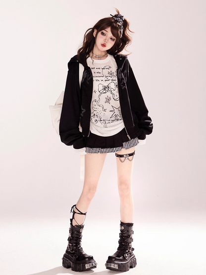 Black Letter and Star Print Zip-up Hoodie for Autumn