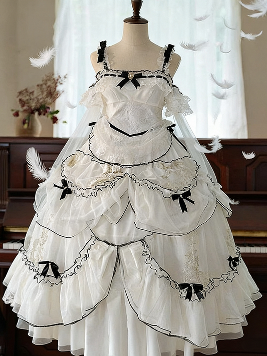 Plus Sizes White & Black Ruffled Layers Sweet Lolita Dress with Bow Accents Long Version