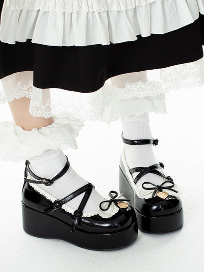 Buckle Ankle Strap Black Sweet Knotted Bow Accent Platforms