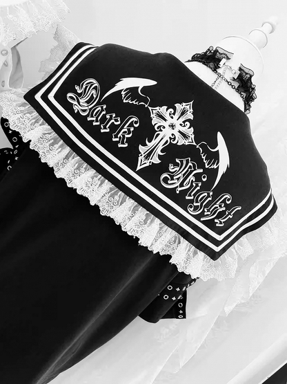 Anime Girl Print Sailor Collar Lace-up Details Black Bittersweet T-shirt