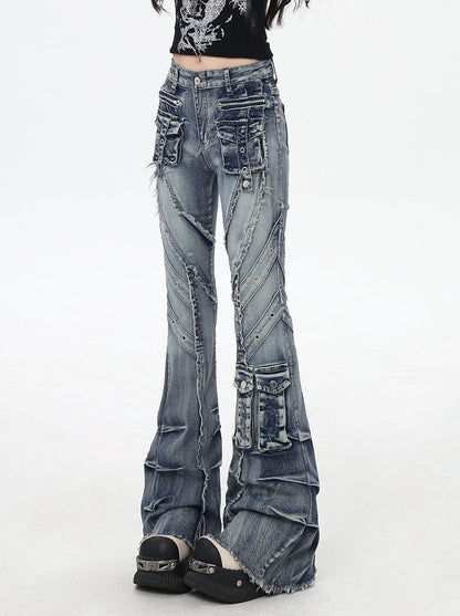 Y2K Blue Low Rise Raw Hem Faded Wash Flared Cargo Jeans