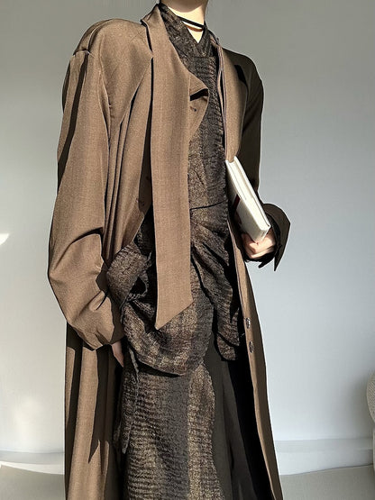 Ouji Lolita Coffee Vintage Long Trench Coat with Tie Neck & Button Cuffs