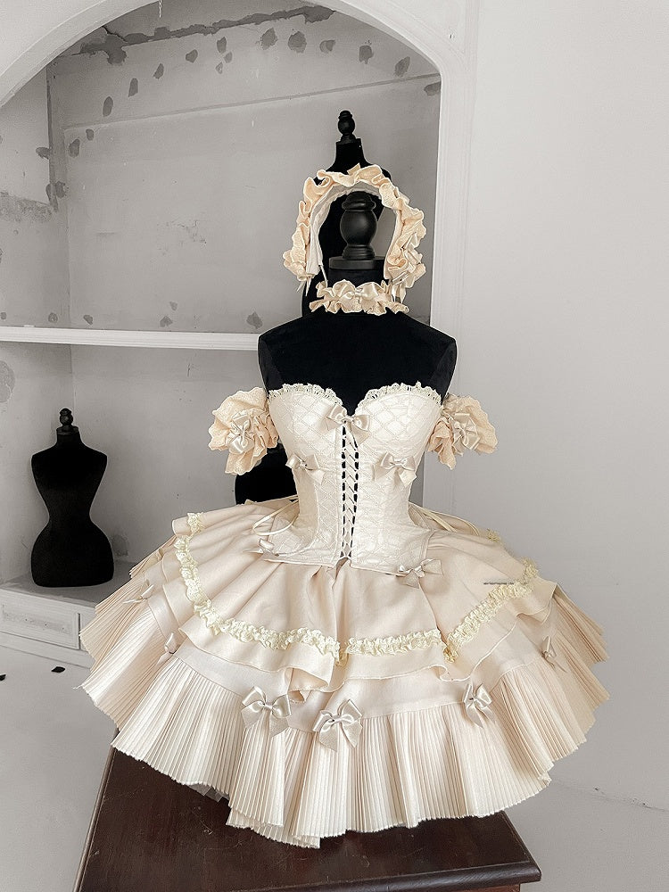 Cream-colored Sweet Lolita Diamond Pattern Corset Top + Skirt + Choker + Wrist Cuffs + KC Full Set