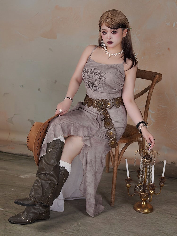 Plus Size Gray Butterfly Skeleton Print Wasteland Punk Side Slit Dress