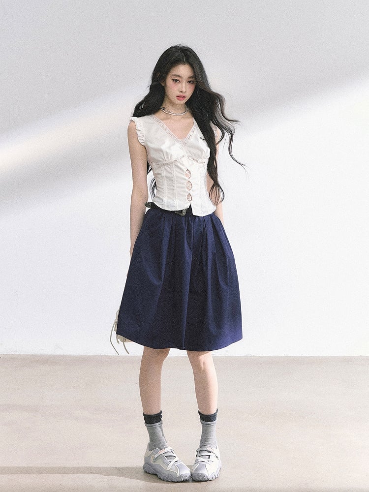 White V-neck Cutout Details Lace Patches Flutter Sleeves Top