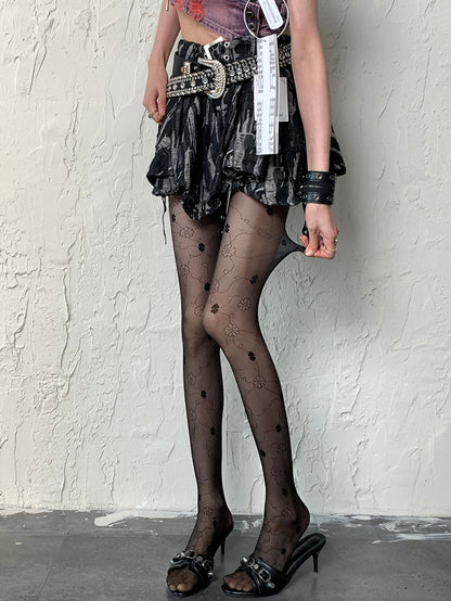 Black Y2K Floral Pattern Tights