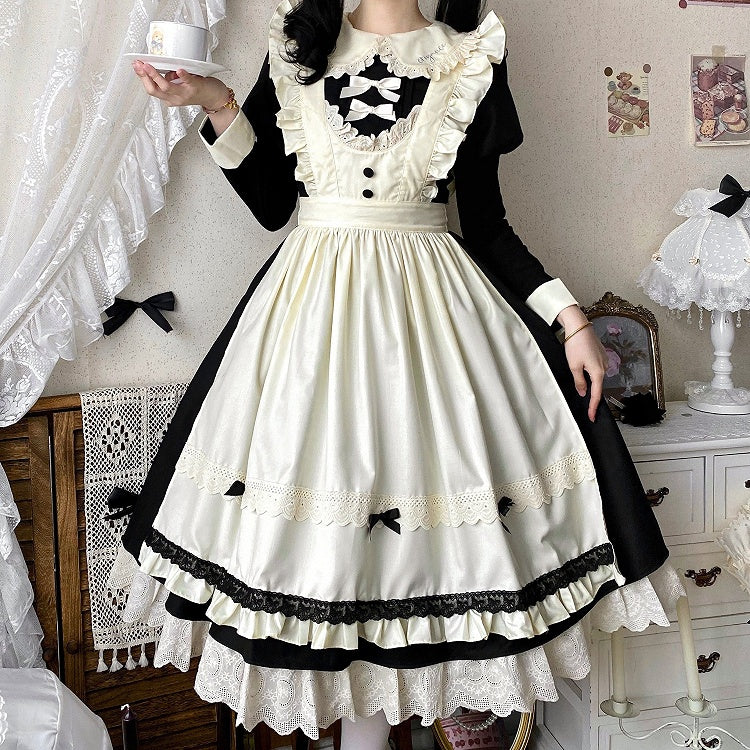 Black and Beige Juliette Sleeves Lolita Dress + Maid Apron Set