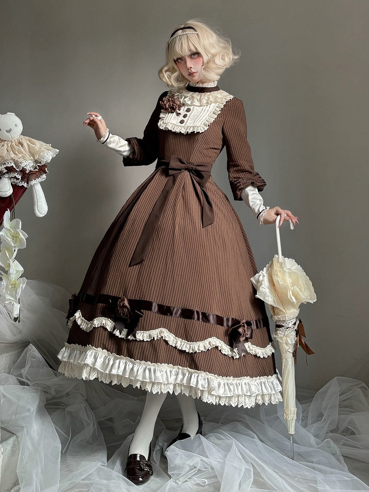 Beige Ruffle Neckline Brown Long Sleeves Striped Dress with Waist Belt