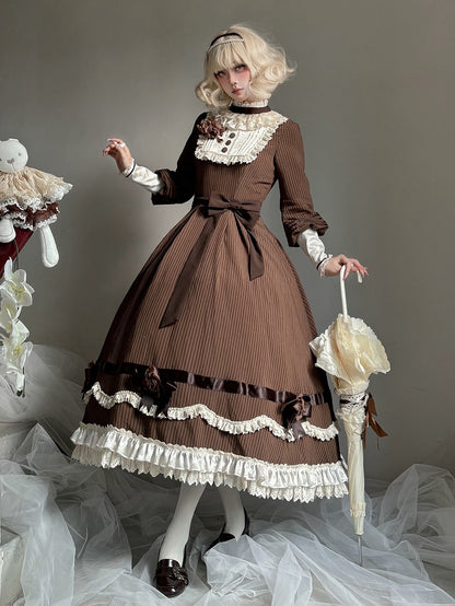 Beige Ruffle Neckline Brown Long Sleeves Striped Dress with Waist Belt