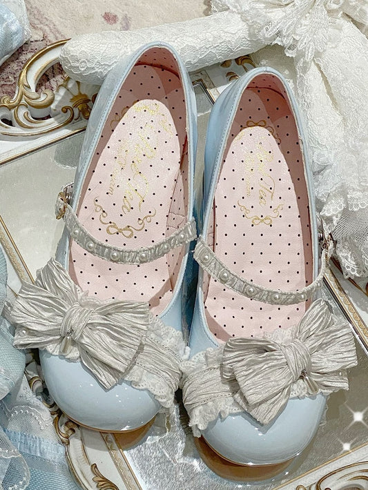 Blue&White Beaded Decorated Bow at Top 2.5CM/5CM Block Heels Round Toe Shoes