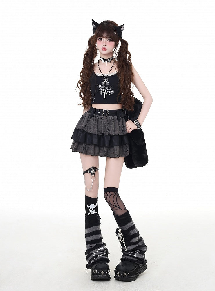 Gray Distressed Holes Lined Tiered Skirt