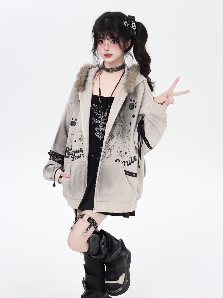 Khaki/Black Faux Fur Collar Loose Punk Coat with Lace-Up Detail