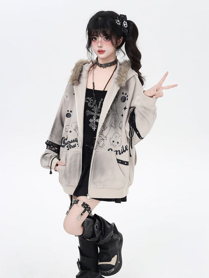 Khaki/Black Faux Fur Collar Loose Punk Coat with Lace-Up Detail