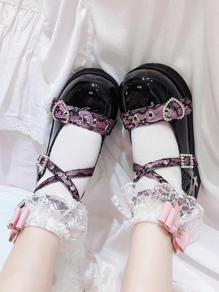 Rhinestoned Heart Design Black and Pink Jirai Kei Buckle Ankle Strap Platforms with Cross Chain