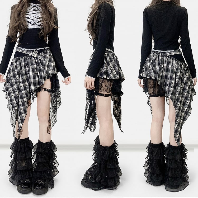 Black Bittersweet Plaid Pattern Contrast Lace Patches Asymmetrical Hem Skirt