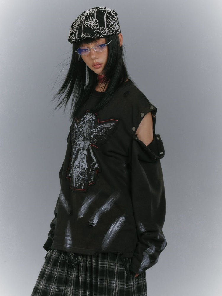 Applique Design Black Cutout Shoulder Faded Wash Distressed Sweatshirt