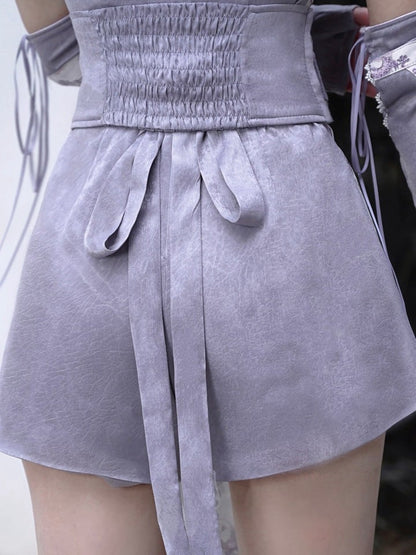 Purple Puff Sleeves Cutout Short Qipao Dress Shorts Lined