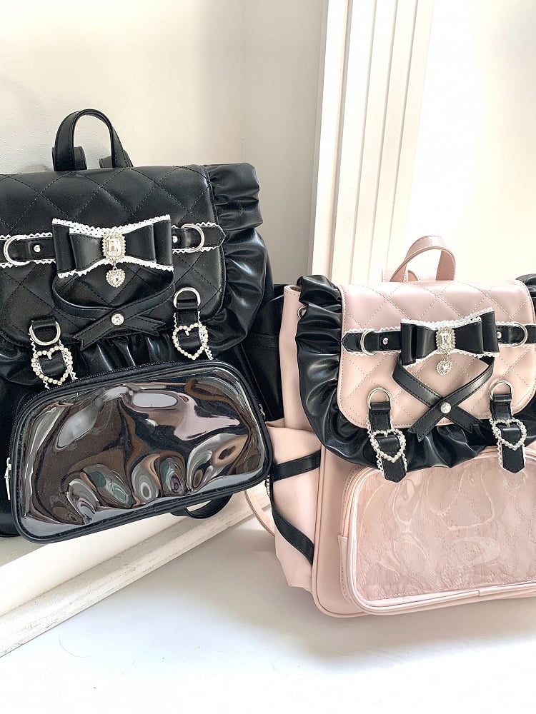 Jirai Kei Black / Black & Pink PU Backpack with Glitter Bow & Rhinestone Decor