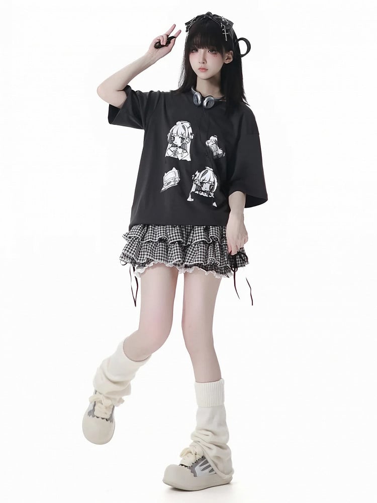 Anime Girl Print White/Dark Gray Round Neck Cotton T-shirt