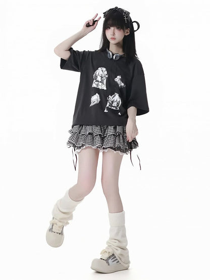 Anime Girl Print White/Dark Gray Round Neck Cotton T-shirt