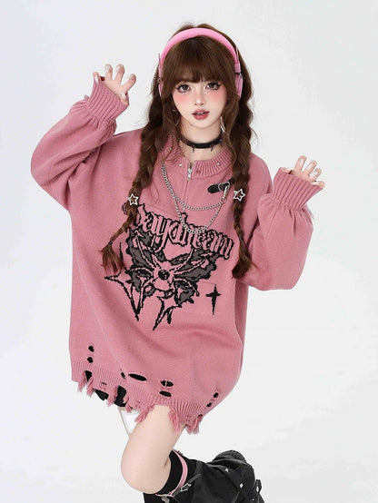Rose Pink Gothic Distressed Holes Butterfly Sweater with Studs and Chains