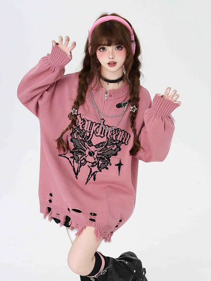 Rose Pink Gothic Distressed Holes Butterfly Sweater with Studs and Chains