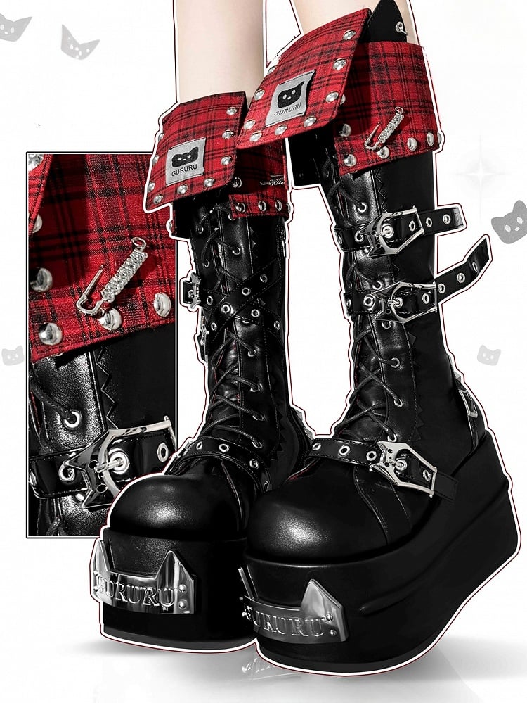 Red Plaid Fold-over Trim Kitty Buckle Straps Harajuku Punk Platform Boots