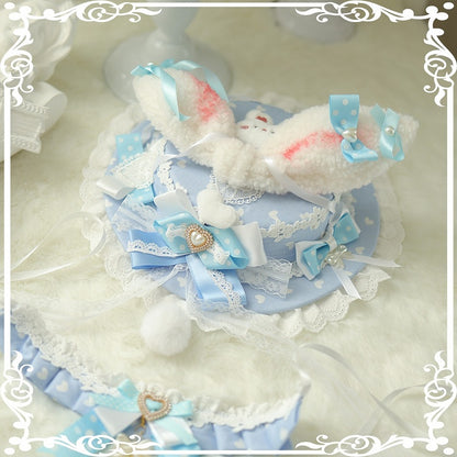 5 Color Options Polka-dot Pattern Beaded Decorated Bowknot Details Plush Bunny Ear Flat Hat