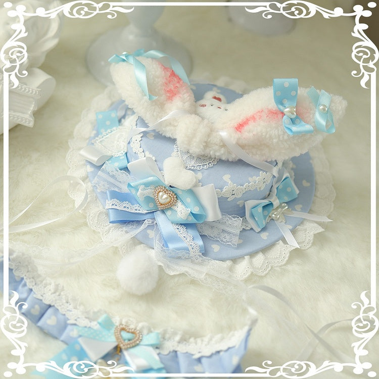 5 Color Options Polka-dot Pattern Beaded Decorated Bowknot Details Plush Bunny Ear Flat Hat