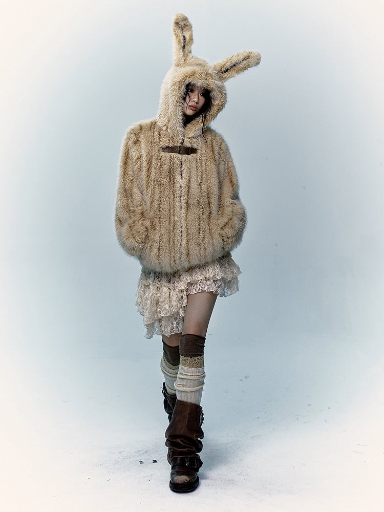 Yellow Shaggy Coat with Adorable Bunny Ear Design