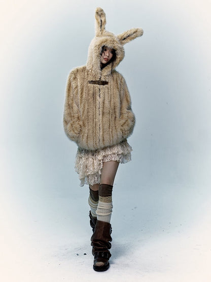 Yellow Shaggy Coat with Adorable Bunny Ear Design