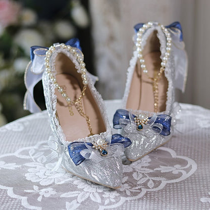 Silver Glittering Bow at Top Detachable Beaded Chain 6CM/8CM Hime Lolita Heels