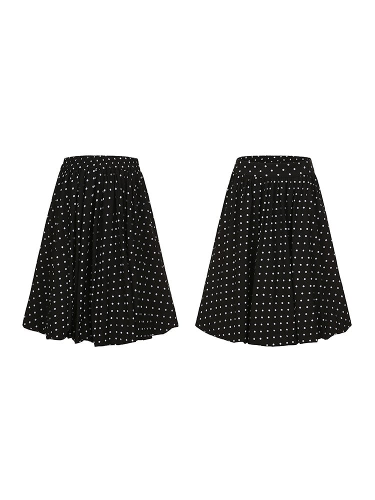 Plus Size Black Below-Knee Skirt with White Polka Dots & Side Zipper