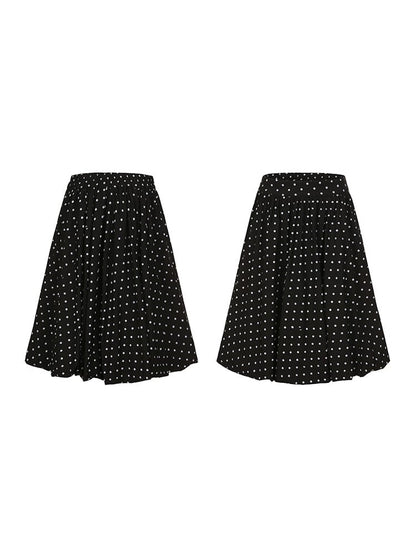 Plus Size Black Below-Knee Skirt with White Polka Dots & Side Zipper