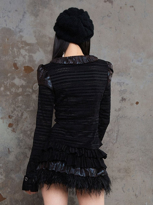Black Punk Ruffled Puff Collar Blouse with Dotted Eyelet Fabric & Front Side Zippers