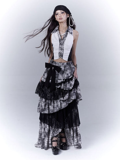 Black Punk Asymmetrical Tiered Plaid Skirt Regular/Long Version