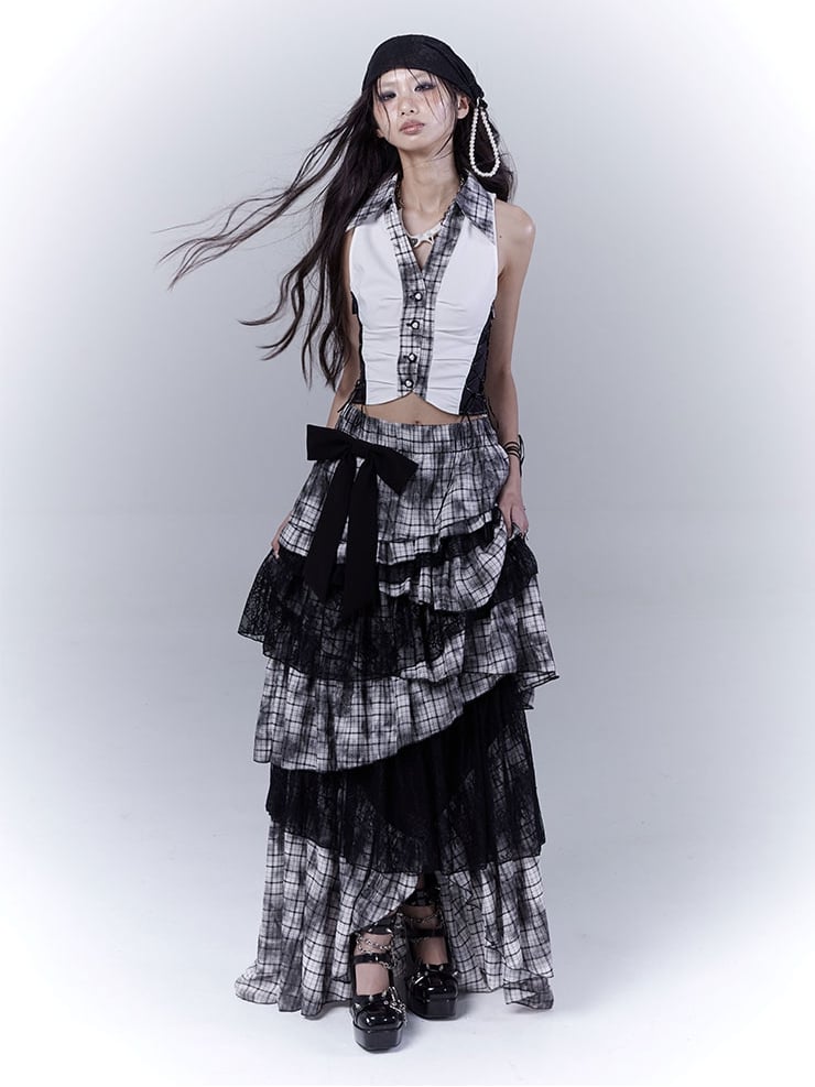 Black Punk Asymmetrical Tiered Plaid Skirt Regular/Long Version