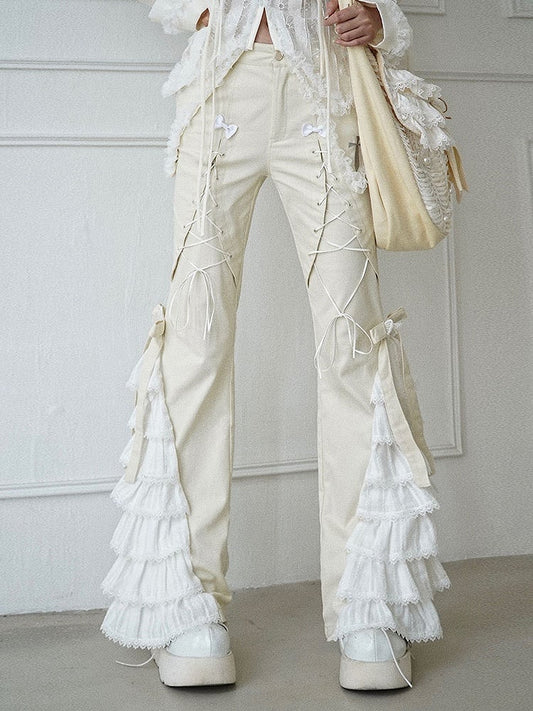 Lace-up Detail Beige Tiered Design Flared Pants with Bowknots and Butterflies