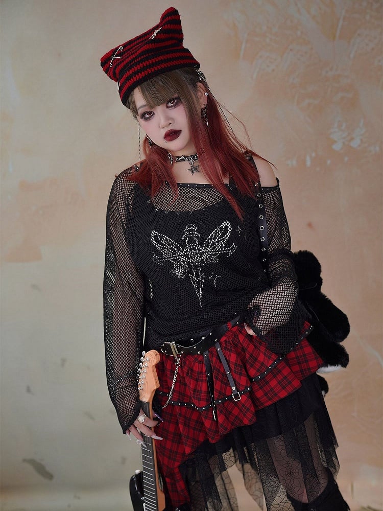 Plus Size Black Punk Fishnet Long Sleeves Top