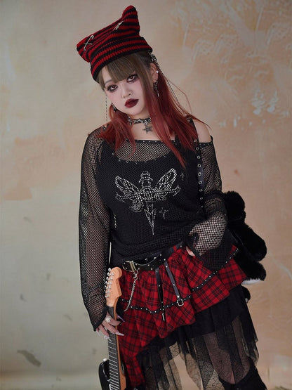 Plus Size Black Punk Fishnet Long Sleeves Top