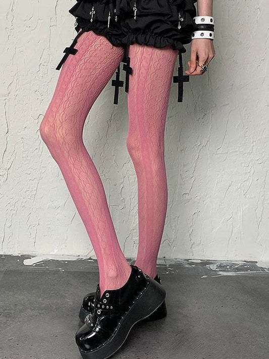 Rose Pink Striped Hollow-out Design Y2K Tights