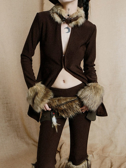 Buckle Strap Dark Coffee Wasteland Punk Top with Plush Collar and Cuffs