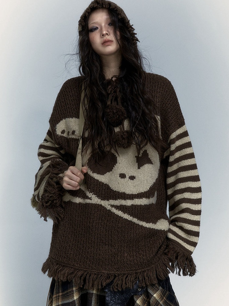 Khaki Skull Bunny Punk Loose Hooded Sweater with Striped Sleeves