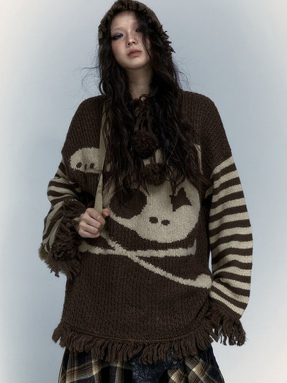 Khaki Skull Bunny Punk Loose Hooded Sweater with Striped Sleeves