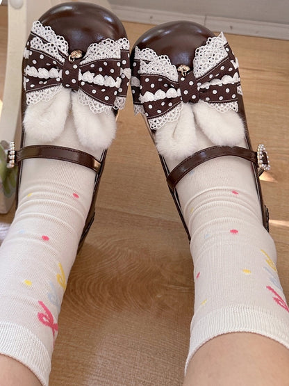 Sweet Brown Lolita Mary Jane Shoes with Bunny Ears & Pom Pom Tail