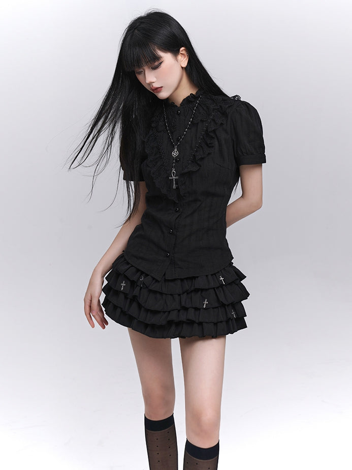 Black Lace Trim Short Sleeves Gothic Blouse